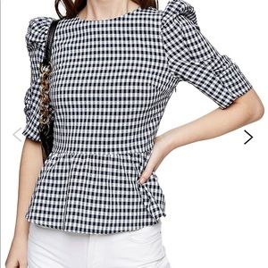TOPSHOP Gingham Lace Up Puff Sleeve Blouse